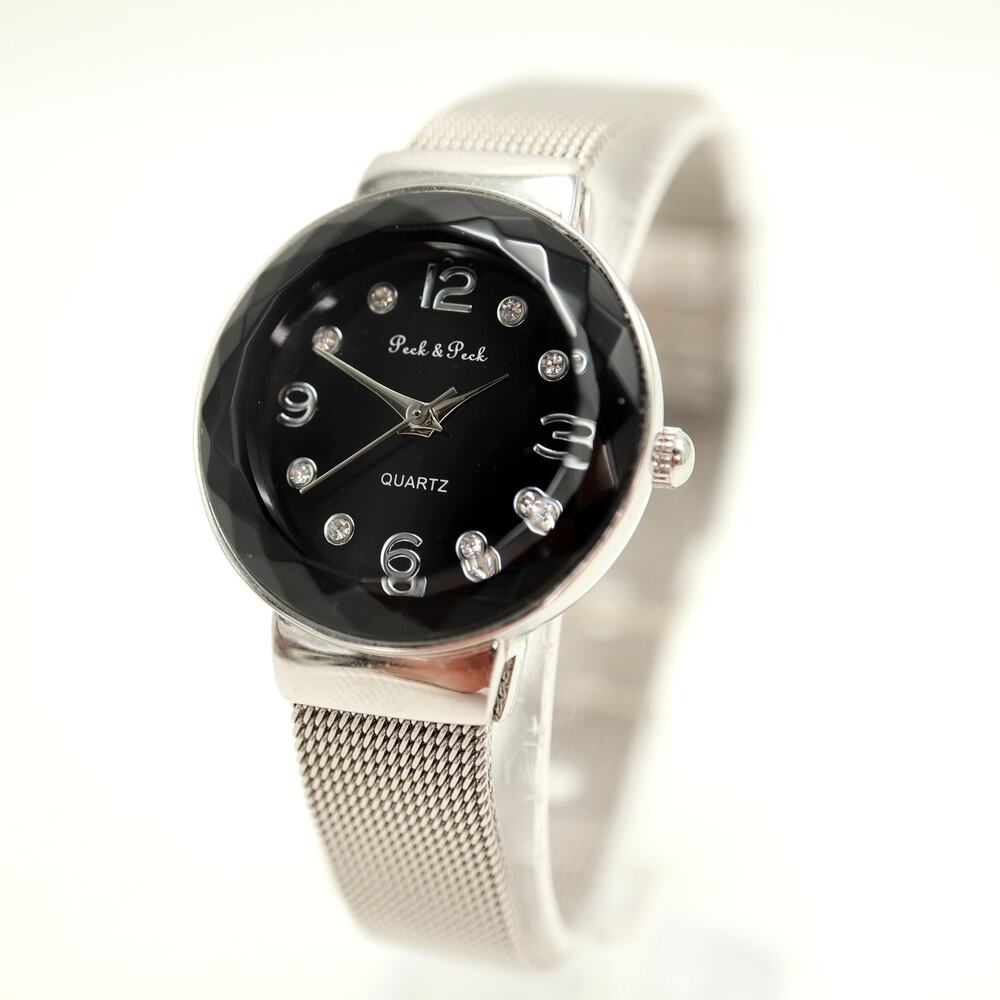 Peck & Peck Silver Tone Black 28mm Womens Watch Mesh Steel Strap w New Battery